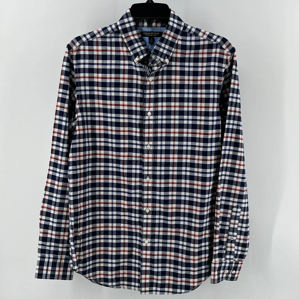 Banana Republic Oxford Shirt, Mens, S, Mythic Blue, Slim Fit Plaid 556799-00